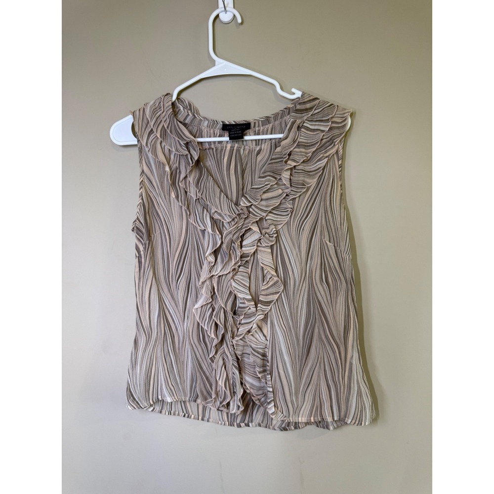The Limited Silk Blouse Womens Medium Brown Beige Swirl Ruffle V-Neck Sleeveless